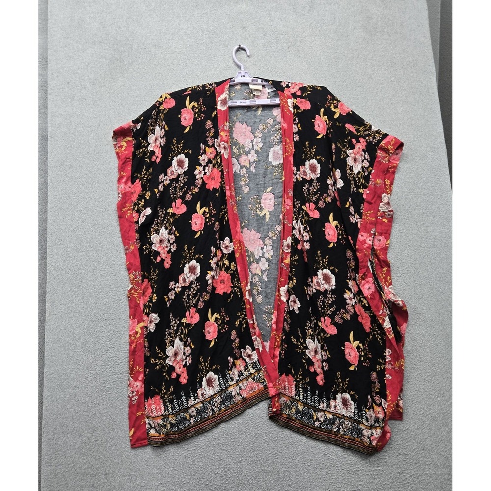 Knox Rose Women Blouse M/L Black Floral Kimono Boho Romantic Open Front Relaxed